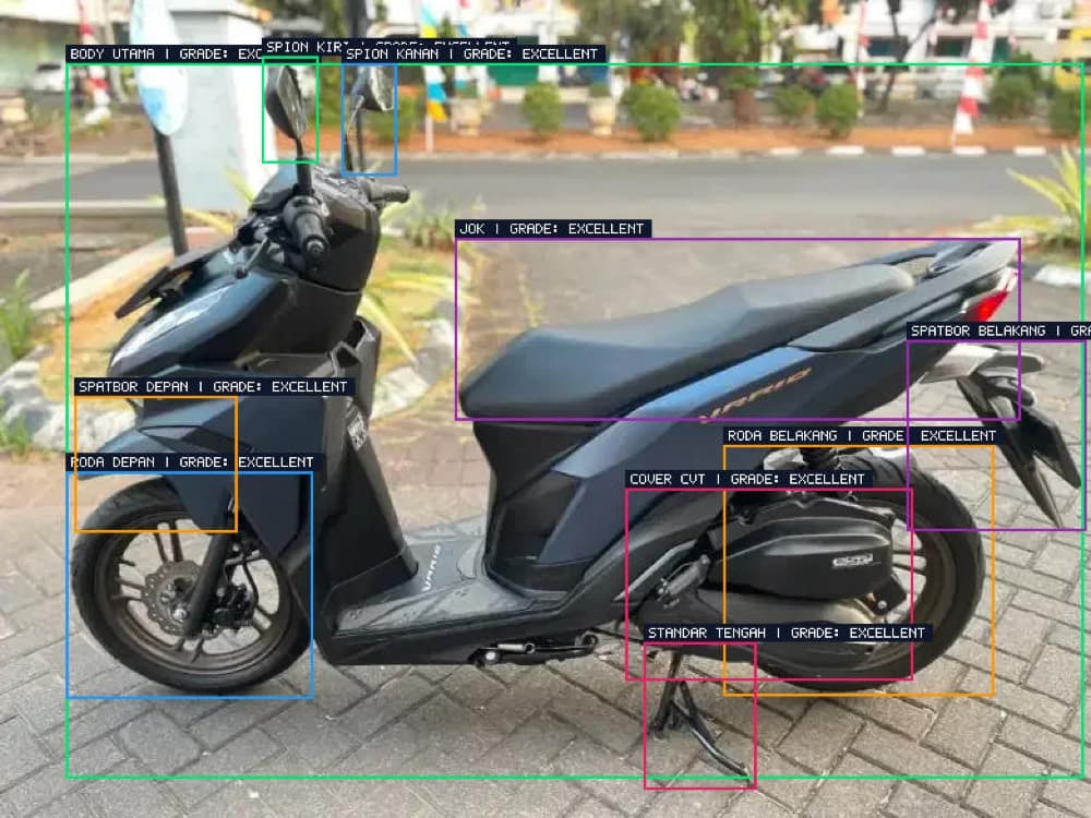 Side view of a Honda Vario with AI detection boxes around the body, wheels, seat, CVT, mirrors, and fenders
